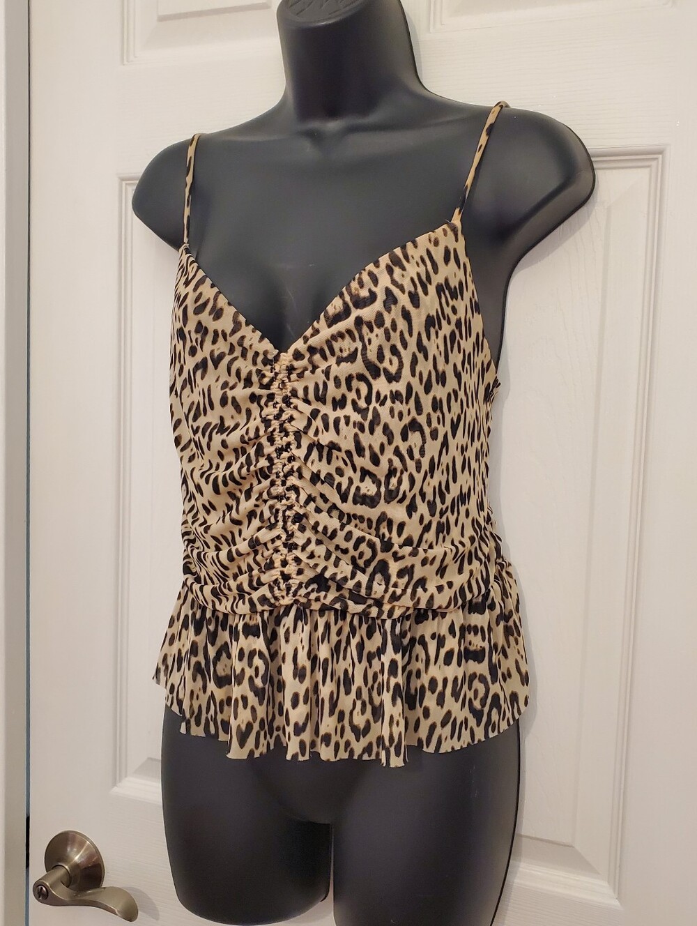 Guess Leopard Print Spaghetti Strap Peplum Top - Tan and Black XL - Picture 3 of 8
